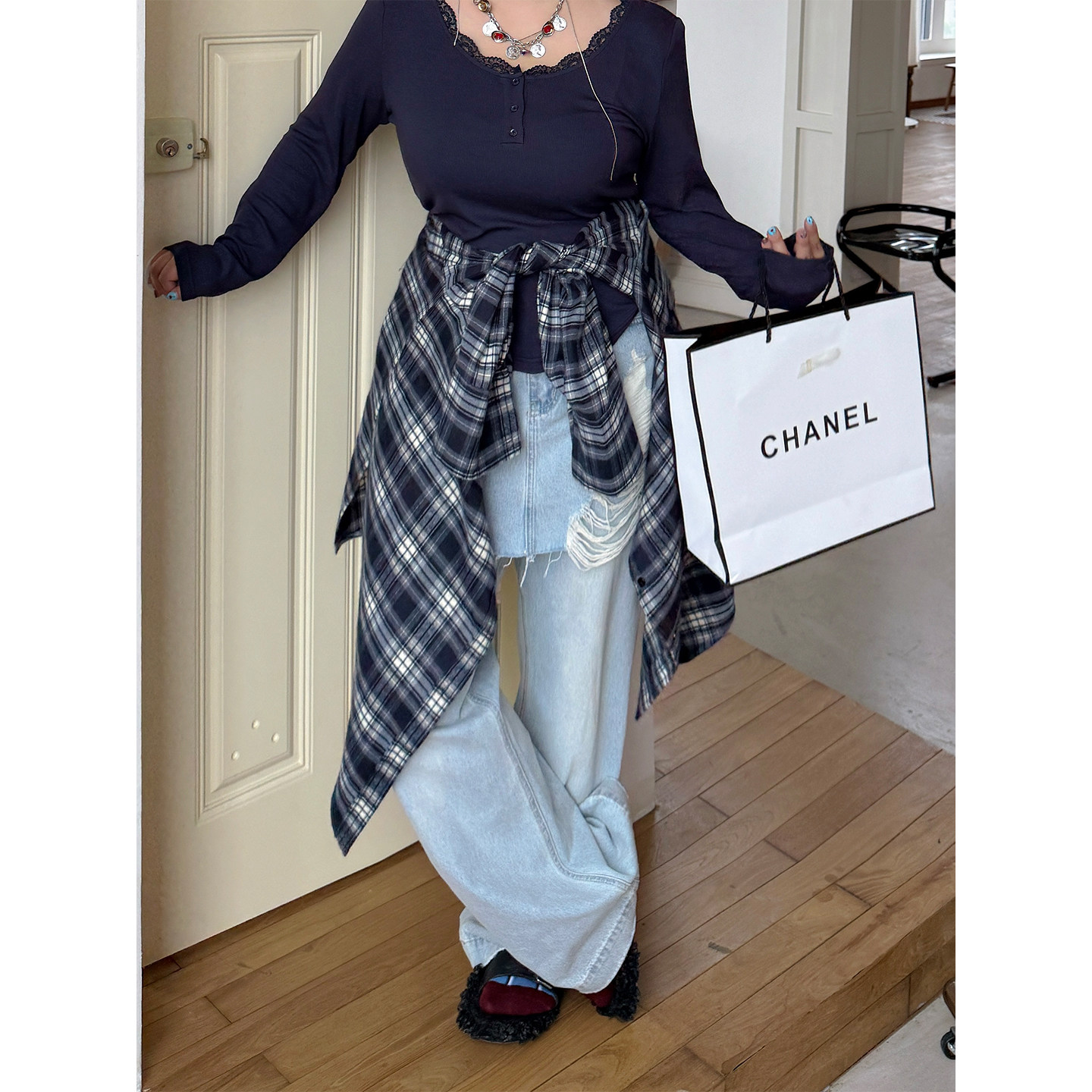 阿周家大码微胖设计感纯棉牛仔裤女秋季胖MM显瘦百搭裙裤假两件