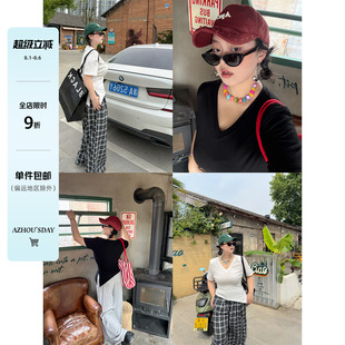 百搭短袖 阿周家大码 胖MM修身 微胖女装 上衣 V领不规则开叉T恤女夏季