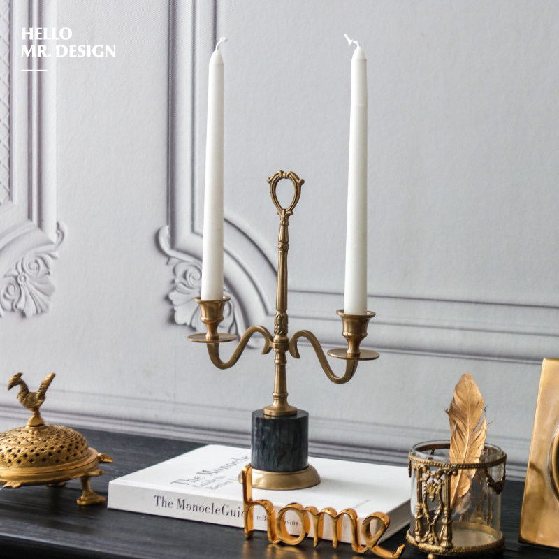 印度进口黄铜轻奢提柄双头烛台摆件别墅家居桌面浪漫烛光晚餐装饰
