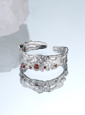 小众个性ins冷淡风高级感镶嵌红锆石肌理S925纯银开口戒指女