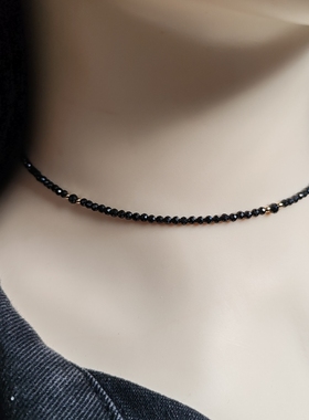 进口14k包金天然黑色水晶石锁骨项链水晶不褪色短颈带小众设计