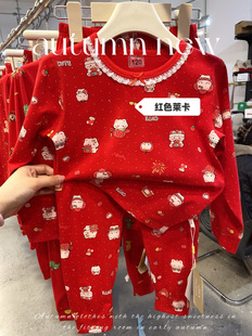 2025新年红色秋衣套装 克纯棉莱卡收口工艺男女童品质高家居服 220