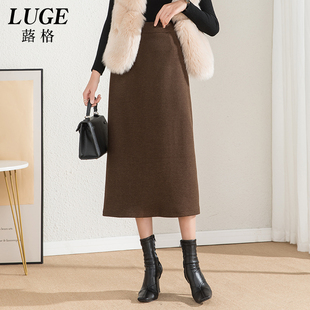 棕色半身裙秋冬女中长款开叉直筒裙高腰显瘦小个子一步长裙冬加厚