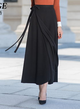 系带一片式半身裙女秋冬新款a字长裙高腰裹身裙长款围裹式裙子冬