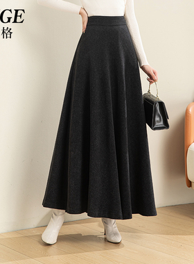 2024新款冬季厚款裙子女黑色毛呢半身长裙秋冬高腰女士a字大摆裙