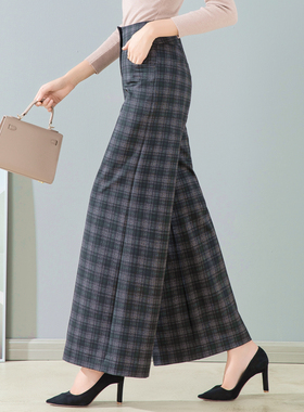 中年裙裤女2024新款春秋格子阔腿裤垂感妈妈大脚裤秋季直筒休闲裤
