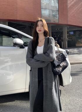 MULVAN 【现货6折】灰色长款毛衣开衫女秋冬新款慵懒风针织外套