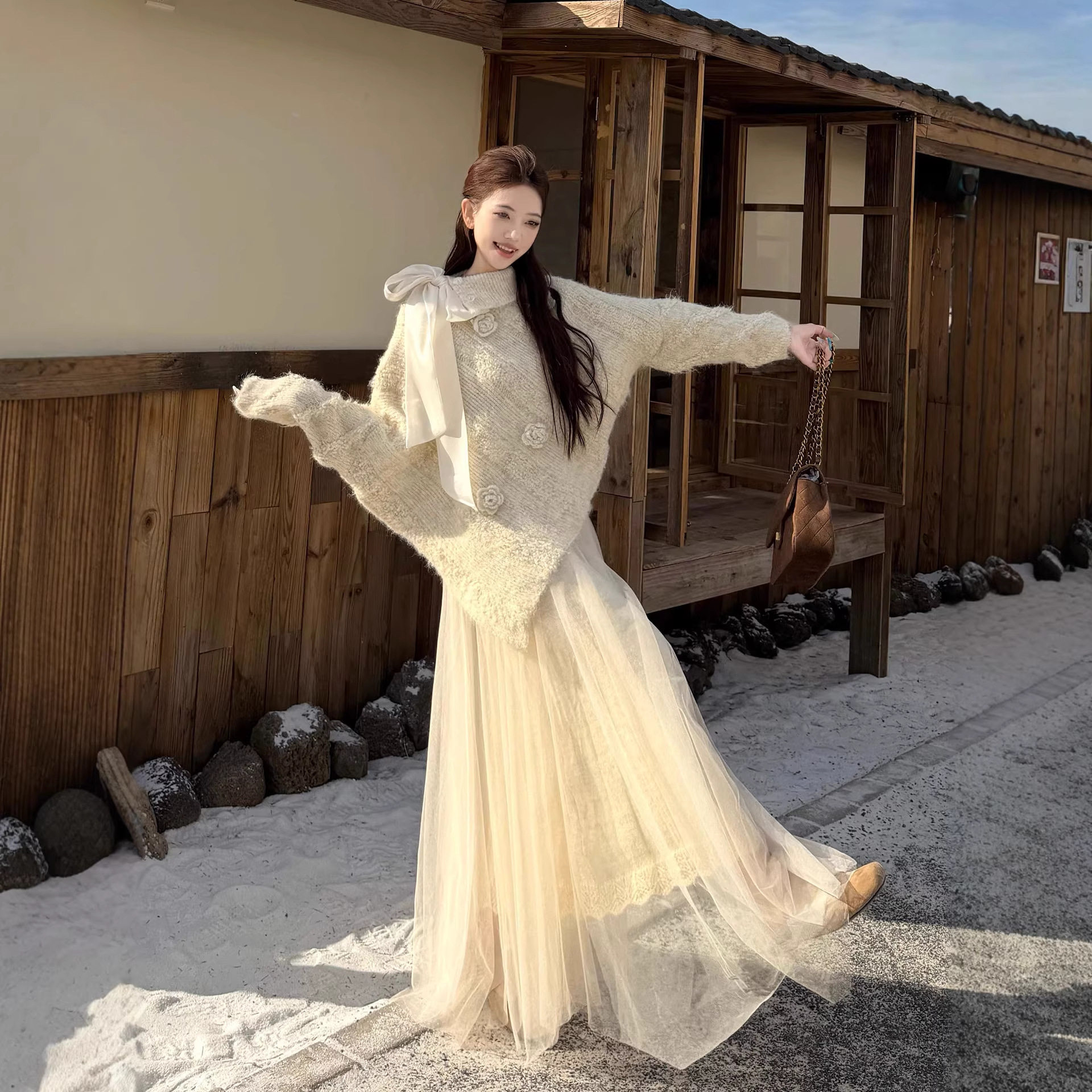 韩系巨好看冬装套装蝴蝶结毛衣网纱半身裙两件套秋冬季冷淡裙子女