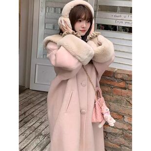 慢慢羚羊/温柔少女斗篷茧型大衣甜美风气质连帽毛毛领