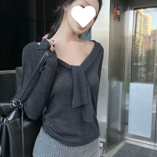 高级感海军领披肩针织衫女2025秋季新款修身飘带内搭毛衣打底上衣