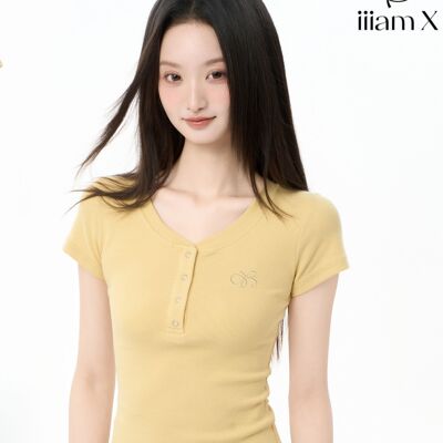 iiiamX黄色亨利领正肩短袖t恤女夏季2025新款辣妹修身显瘦上衣夏