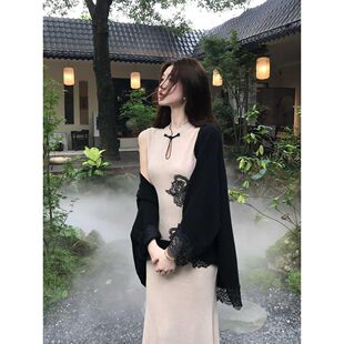 【夜半蔷薇】新中式蕾丝肌理针织连衣裙搭披肩开衫两件套