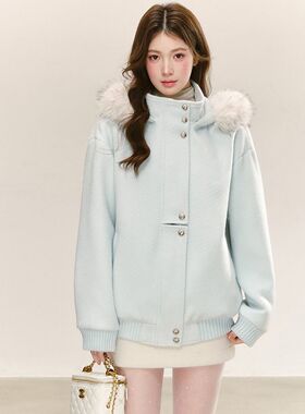 QDQD 甜美可爱风蓝色连帽立领毛呢外套秋冬夹棉加厚保暖长袖上衣