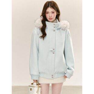 QDQD 甜美可爱风蓝色连帽立领毛呢外套秋冬夹棉加厚保暖长袖上衣