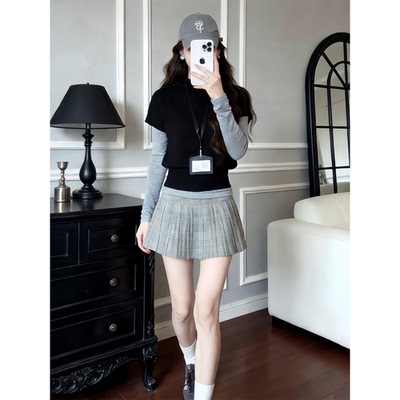 极简fitcheck 黑色针织衫t恤女2026春季新款甲背心叠穿百褶裙套装