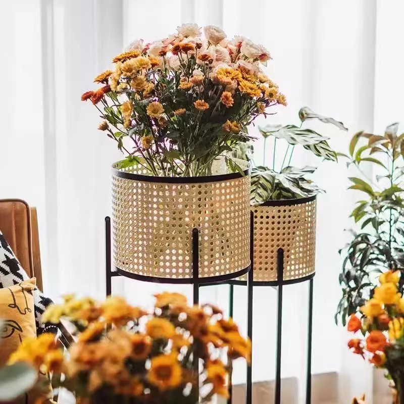 日式花架仿藤编现代简约极简客厅盆栽阳台室内铁艺落地绿植花盆架