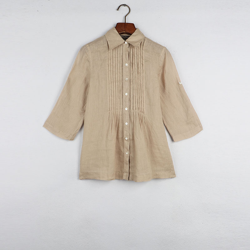 阳光家 夏季新款外贸欧美女装翻领亚麻五分袖薄款衬衫上衣显瘦