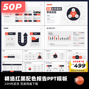 50页原创经典对称感报告风红黑配色PPT模板ppt代制作美化Keypoint