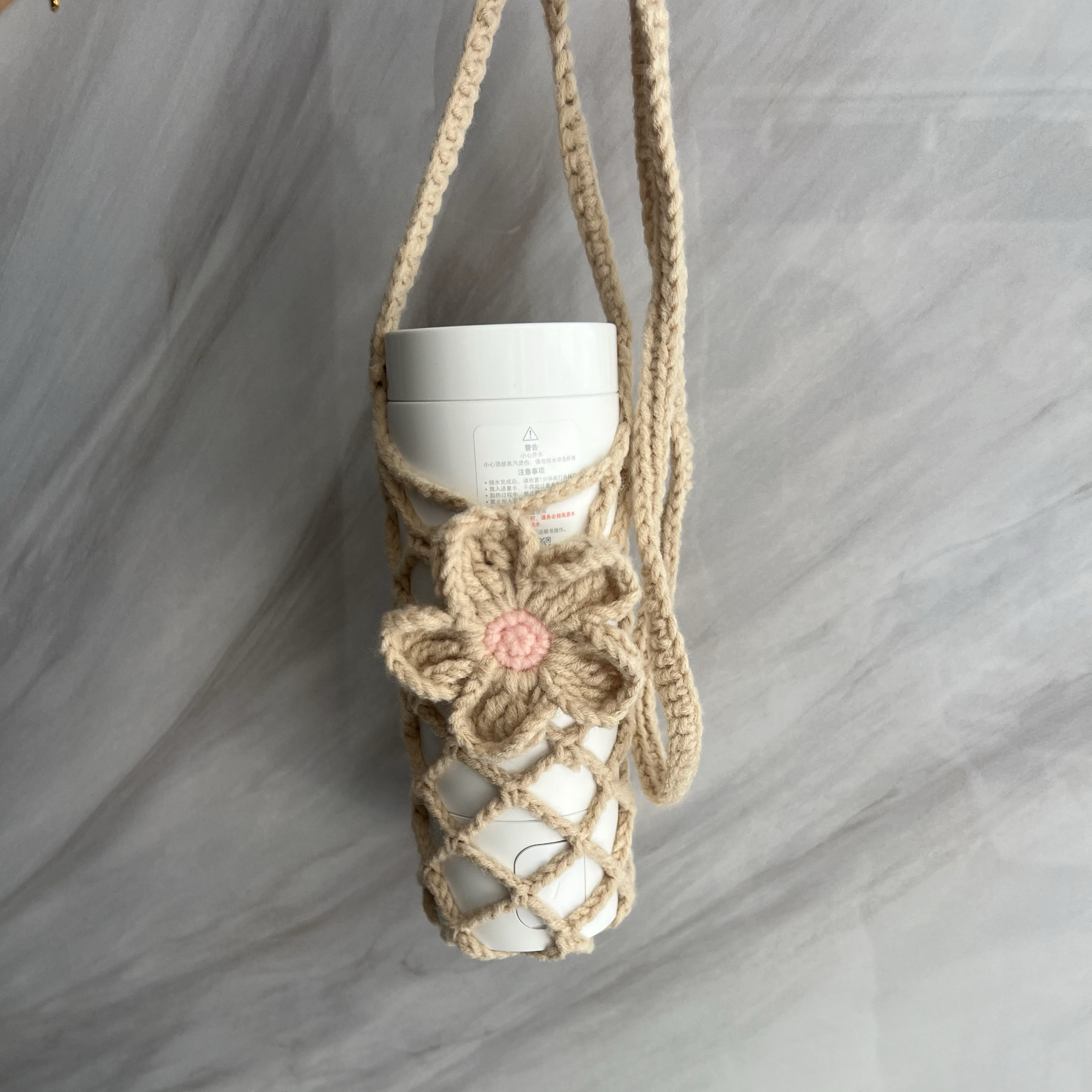 通用斜挎杯套可背带手工针织保温杯饮料网兜袋户外运动水杯保护套