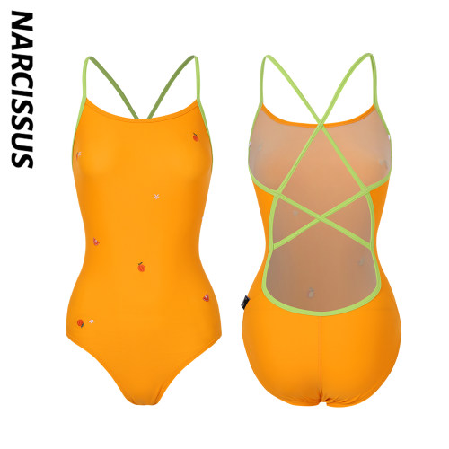 水仙SWIM橘子刺绣清新连体显瘦中叉新款吊带三角游泳运动竞速泳衣