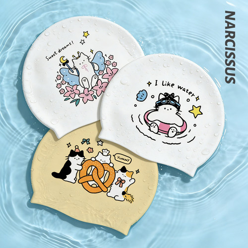 水仙SWIM可爱小猫双面印花硅胶泳帽2026新款专业训练游泳帽不勒头