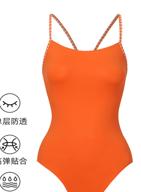 水仙SWIM女士游泳交叉带连体泳衣单层橙色竞速纯色吊带运动泳衣
