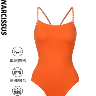 水仙SWIM女士游泳交叉带连体泳衣单层橙色竞速纯色吊带运动泳衣