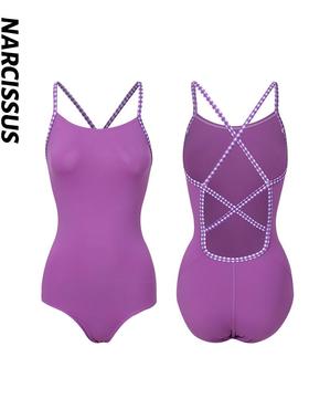 水仙SWIM女士游泳交叉带连体泳衣单层纯色紫色吊带竞速运动泳衣