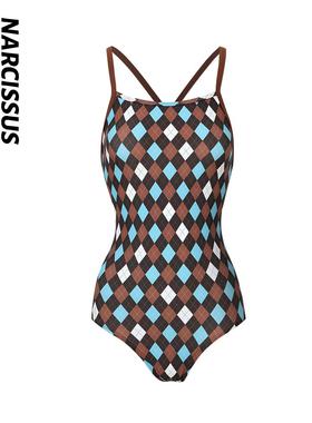 水仙SWIM女士游泳交叉带连体泳衣单层无胸垫菱格运动竞速游泳衣