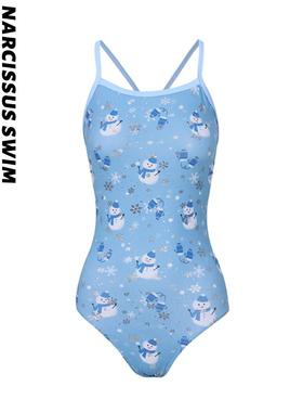 水仙SWIM闪闪中叉细肩带连体雪人单层无胸垫运动游泳紧身竞速泳衣