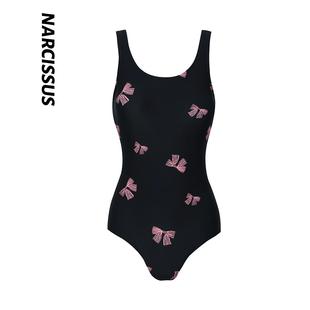 水仙SWIM宽肩带保守款 女士显瘦黑粉蝴蝶结游泳运动泳衣