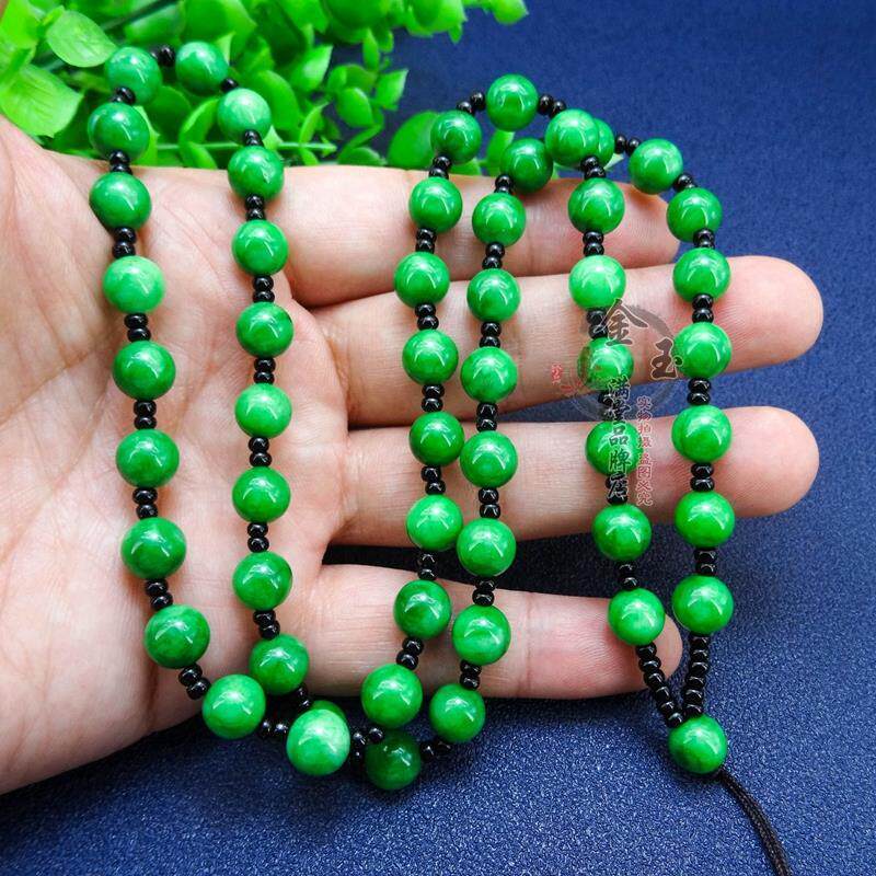 天然通串干青绿色圆珠高档手工编织项链吊坠挂绳玉翡翠挂链男女款