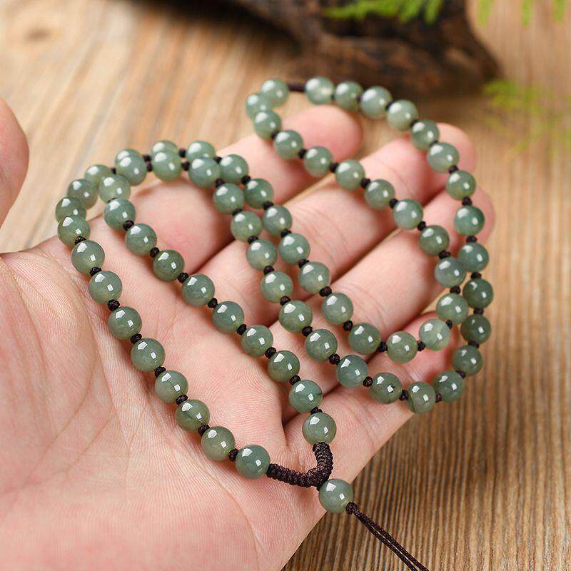 天然缅甸老坑翡翠油青圆珠吊坠挂绳手工编织玉珠项链绳毛衣链男女
