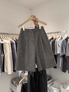 毛呢阔腿短裤女士2025秋冬韩系高腰中裤小个子显瘦直筒a字五分裤