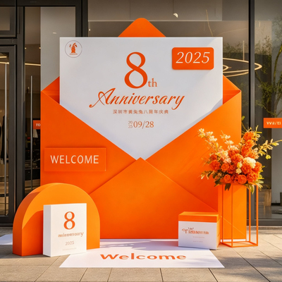 橙色系周年庆场景布置气氛围开业主题背景墙公司年会活动kt板定制