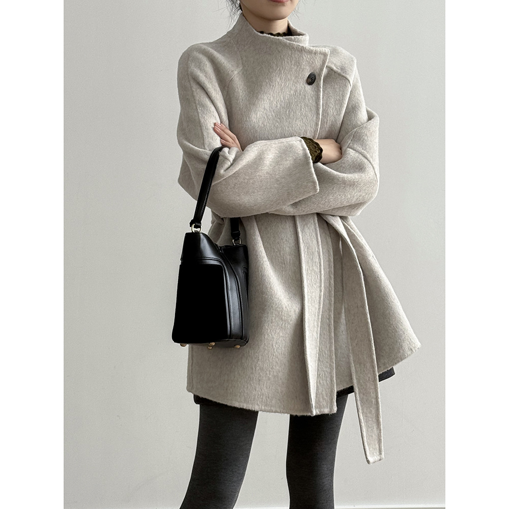言双 立领羊毛呢大衣外套女冬季新款韩系中长款系带收腰显瘦上衣