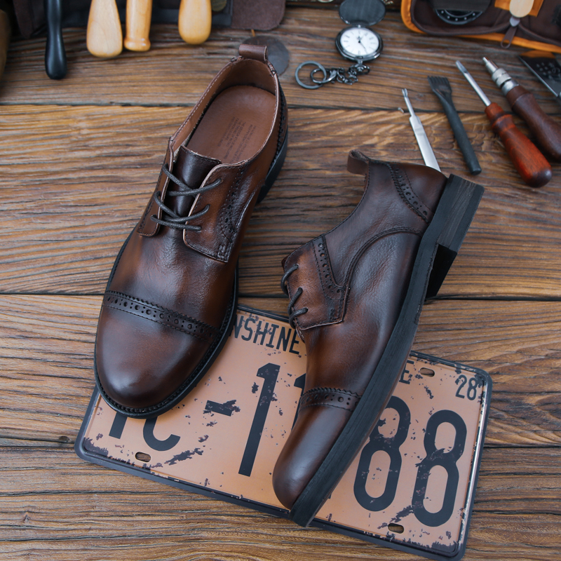 2024秋冬新款休闲皮鞋男布洛克雕花韩版真皮潮流英伦风复古透气