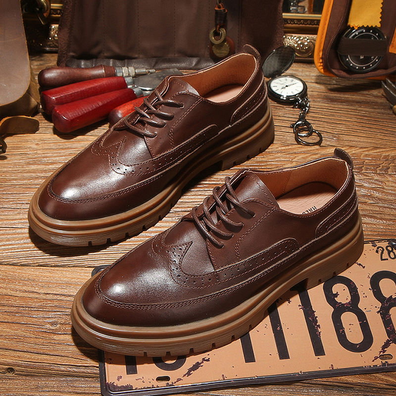 2024秋冬新款布洛克雕花休闲皮鞋男透气韩版真皮潮流英伦风小皮鞋