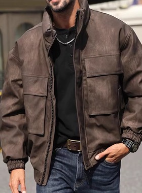 YRH256065男士皮衣羽绒服立领冬季保暖美式复古男士白鸭绒加厚