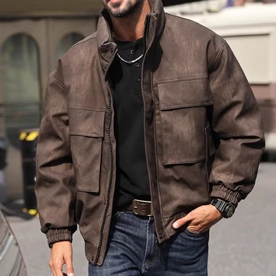 YRH256065男士皮衣羽绒服立领冬季保暖美式复古男士白鸭绒加厚