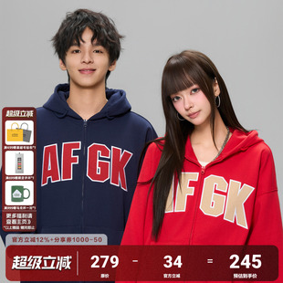 复古拉链帽衫 春秋情侣休闲外套 卫衣美式 AFGK25FW基础撞色贴布开衫