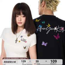 AFGK25SS环绕蝴蝶刺绣短袖夏季V领正肩显瘦修身T恤男女情侣装上衣