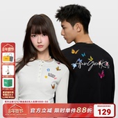 显瘦秋上衣情侣装 AFGK25FW亨利领蝴蝶刺绣假两件长袖 T恤男女修身