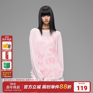 AFGK25FW蝴蝶印花罩衫 T恤女国潮休闲上衣 复古镂空针织透气长袖