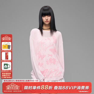 AFGK25FW蝴蝶印花罩衫复古镂空针织透气长袖T恤女国潮休闲上衣