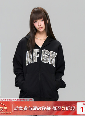 AFGK25FW小香风珍珠贴布绣开衫卫衣情侣休闲拉链帽衫男女百搭外套