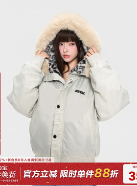 AFGK25FW豹纹貂毛连帽棉服男女冬季加厚毛领派克服情侣棉衣外套