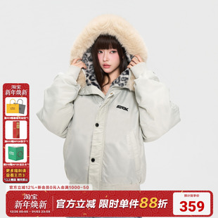 AFGK25FW豹纹貂毛连帽棉服男女冬季 加厚毛领派克服情侣棉衣外套