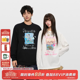 AFGK25FW涂鸦字体photo小狗长袖T恤春秋男女美式上衣情侣打底衫