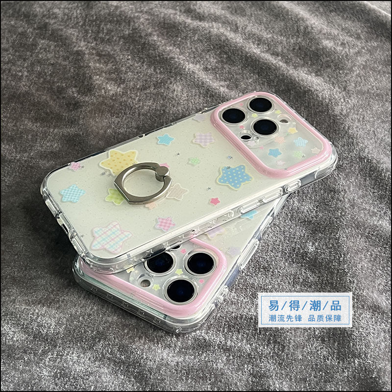 ins风闪粉星星适用苹果17手机壳女款iphone15内置指一体环扣支架16pro日韩透明软壳14粉色新款13promax高级感